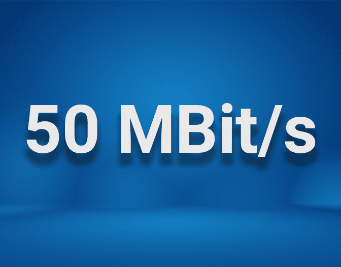 50 Mbit/s. 1&1 DSL zza 0,00€ przez 9 miesięcy, od 10 miesiąca 39.99€ miesięcznie. Aktywacja 49,95€ jednorazowo.