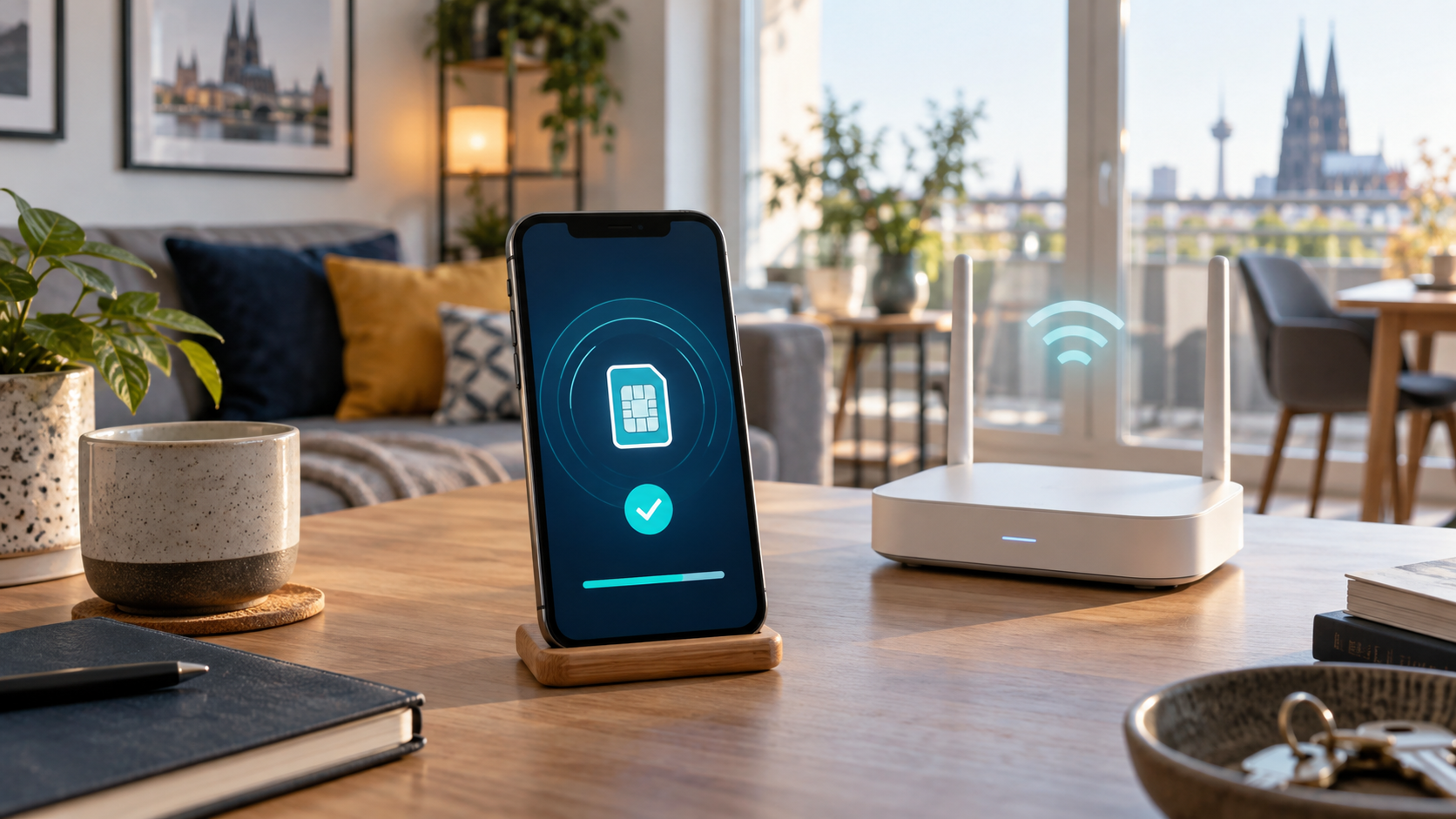 Telefon z aktywną eSIM i router Wi-Fi w niemieckim mieszkaniu