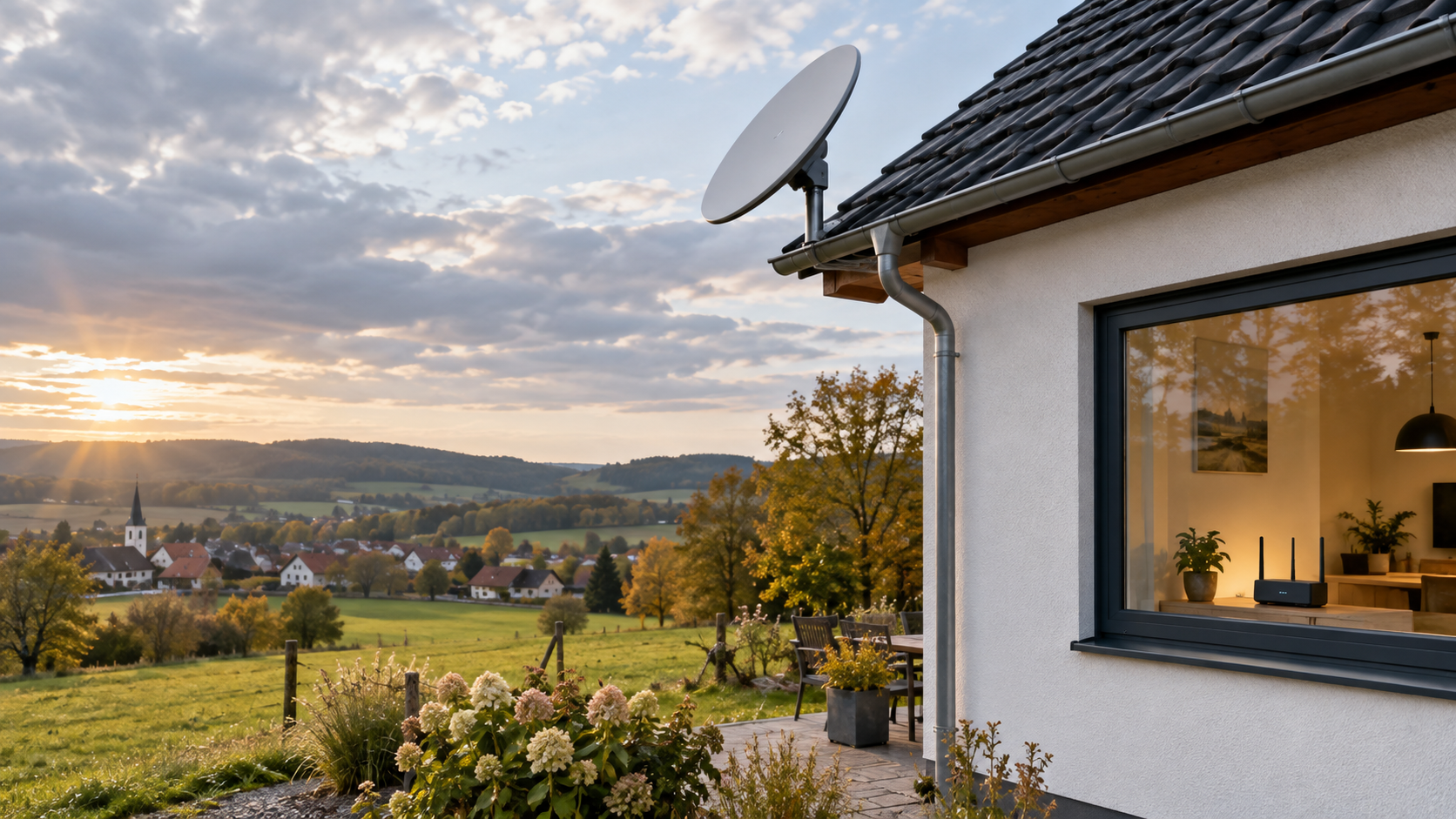 Antena internetu satelitarnego przy domu na niemieckiej wsi