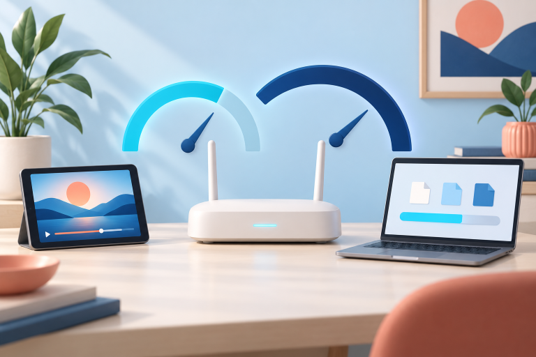 Router, tablet i laptop na tle dwóch wskaźników symbolizujących porównanie prędkości internetu.