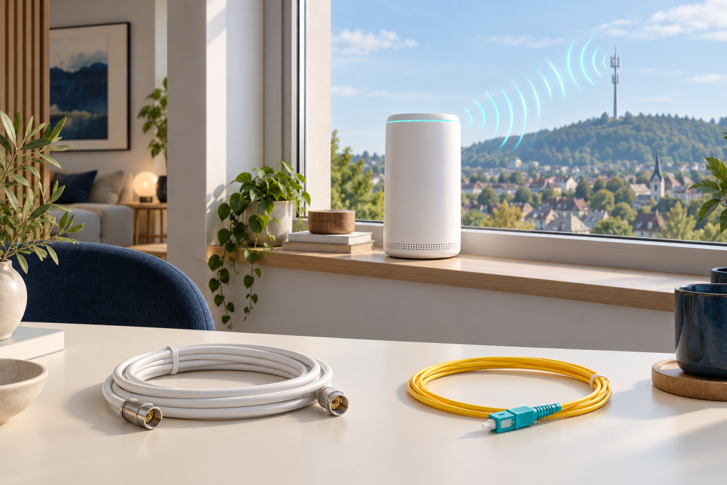 Router mobilny na parapecie oraz przewody kablowy i światłowodowy jako alternatywy dla DSL.