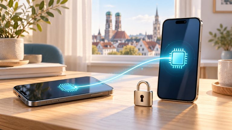 Przenoszenie profilu eSIM między dwoma telefonami z symbolem kłódki i turkusowym połączeniem